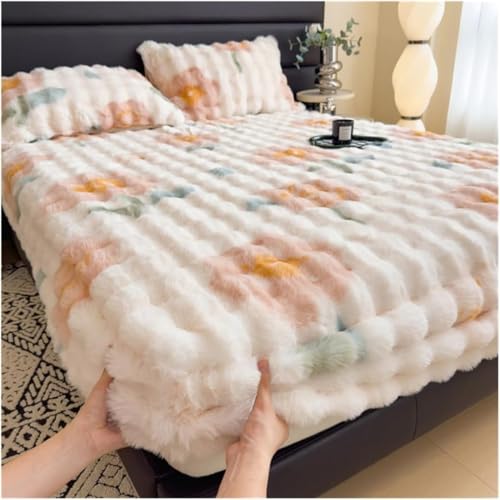 Image of Milk Velvet Fitted Sheet, Fluffy Faux Rabbit Fur Mattress Cover with Deep Pocket - Plush Elastic Bed Sheet for Winter Warmth, Soft Velvet Protector Bedspread (A,47x79in(120 * 200CM))