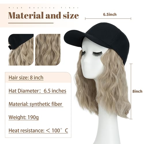 8 Inch Baseball Cap With Hair Extensions BOB Synthetic Hair With Attached Black Hat With One Piece Hair Extensions For Women - Image 2