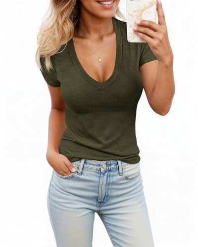 Womens Summer Sexy Short Sleeve Tshirt Tops Deep V Neck...