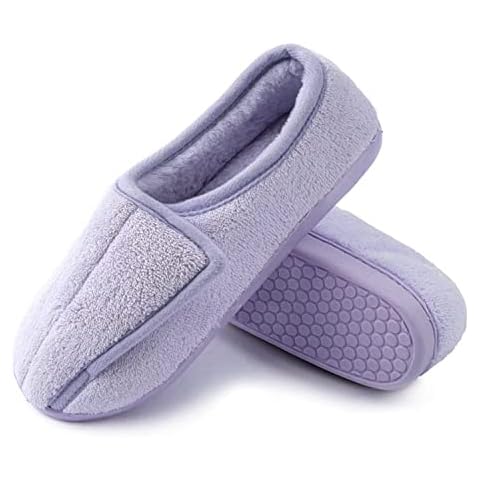 Women's Memory Foam Warm Comfy Wide Diabetic Slippers Adjustable House Shoes Indoor Outdoor Non-Slip, Purple, 4 UK Cover