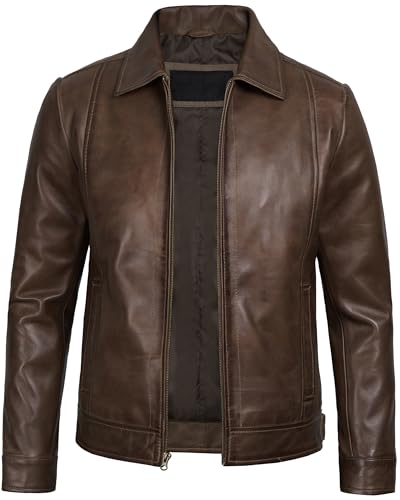 Image of Blingsoul Vintage Distressed Leather Jacket for Men - Shirt Collar Genuine Lambskin Mens Leather Jacket