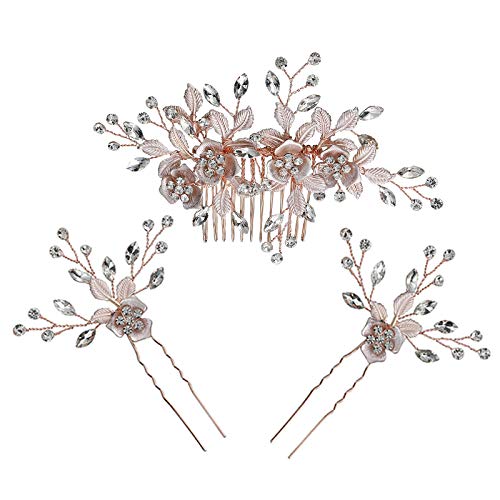 Beautiful Floral Rose Gold Wedding Hair Comb With Clear Crystal Side Bridal Comb with 2 Hair Pins, Hair Sticks