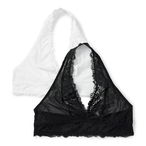 Amazon Essentials Bralette de Cuello Halter Elástico con Encaje de Galón Mujer, Pack de 2, Blanco/Negro, M