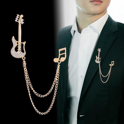 Image of Fashion Guitar Long Chain Lapel Brooch Pin with Music Note Rhinestone Musical Instrument Tassel Pins for Women Girls Men Suit Sweater Coat Jacket Backpack Brooches Pins Musician Party Clothes Accessories Jewelry Gifts