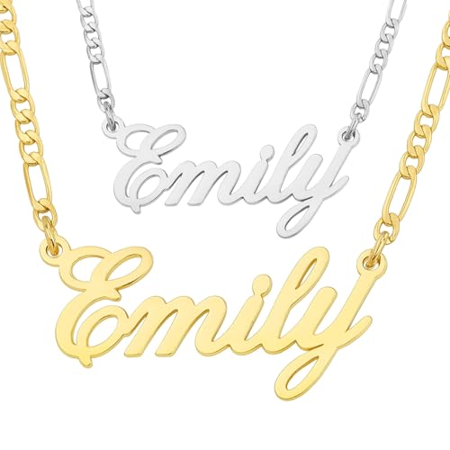 Personalized Name Necklace with Figaro Chain, 18K Gold Plated Handmade Customized Nameplate Jewelry Gift for Mom, Wife