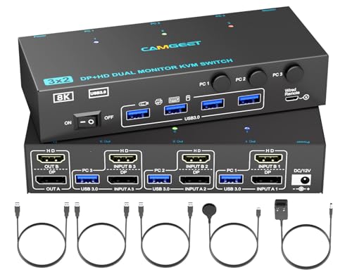 HDMI Displayport KVM Switch 3 PC 2 Monitore 4K@144Hz, Dual Monitor KVM Switches f&uuml;r 3 Computers teilen 2 Monitors und 4 USB 3.0 Ports, HDMI DP KVM mit Desktop Controller, 12V Netzteil und USB -Kabel