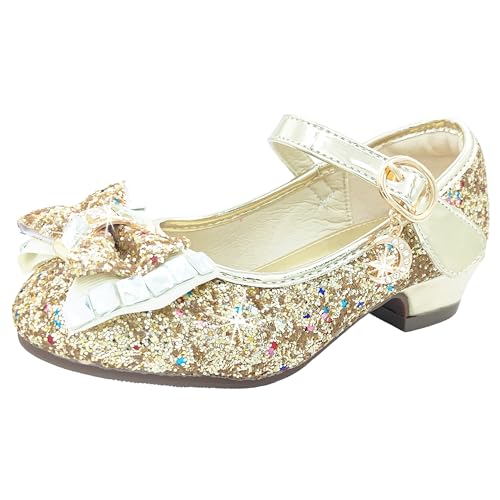 CHINYROZA Zapatos Princesa Niñas Tacones Niña Princesa Disfraz Regalo, Dorado 26