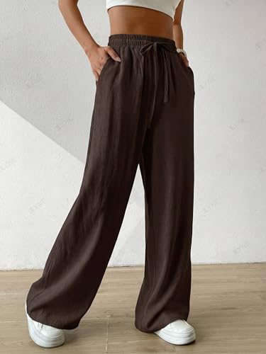 Image of ALYNE Women's Wide Leg Pants High Waisted Linen Look Textured Blend Drawstring Palazzo Trousers with Pockets Casual Relaxed Fit Flowy Soft Comfort Long Pants