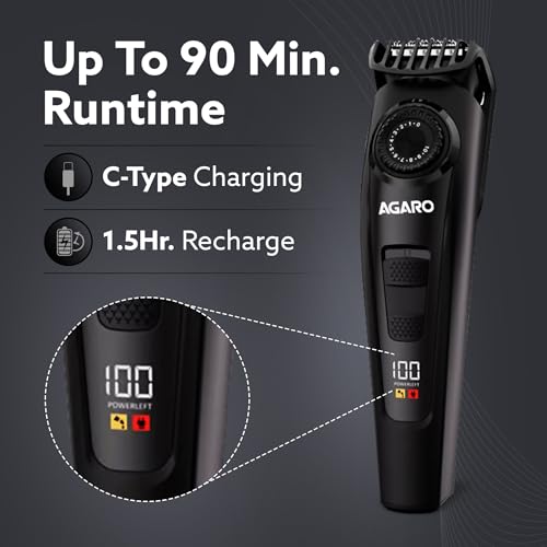 Image of AGARO Beard Trimmer MT1122, 10 Length Settings with digital display USB rechargeable multifunctional for home and travel