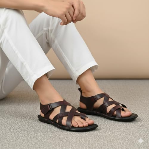 Image of MARDI GRAS Leather Sandals for Men | Casual Sandals with PU Sole & Foam Insole | Adjustable Straps, Breathable Leather Lining