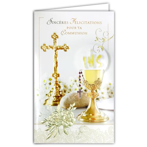 19-647 Carte Porte-Billet avec Enveloppe Sincères Félicitations Communion Garçon Fille Croix Chrétienne Catholique Crucifix Chapelet Notre Père Je vous salue Marie...