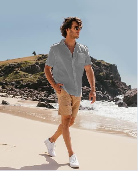 Vista 3 de ANGGREK Camisas de lino para hombre, camisas de manga corta, camisas de playa de verano, camisas casuales de ajuste regular