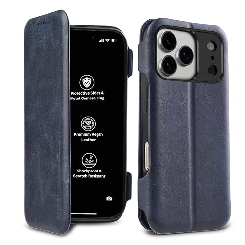 Image of PULOKA Premium Leather Flip Cover Compatible with iPhone 17 Pro Max - Slim Magnetic Lock Wallet Case with Card Slot, Shockproof TPU Inner, Full Body Protection & Raised Camera Guard (Blue)