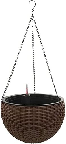 10” Self-Watering Hanging Planter Basket System with Water Reservoir, Fill Indicator and Chain Hook – Heavy-Duty Rattan Style Brown Resin for Home, Garden, Porch, Balcony or Indoor Tabletop