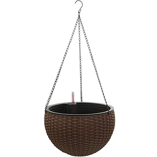 10” Self-Watering Hanging Planter Basket System With Water Reservoir, Fill Indicator And Chain Hook – Heavy-Duty Rattan Style Brown Resin For Home, Garden, Porch, Balcony Or Indoor Tabletop #TOP20