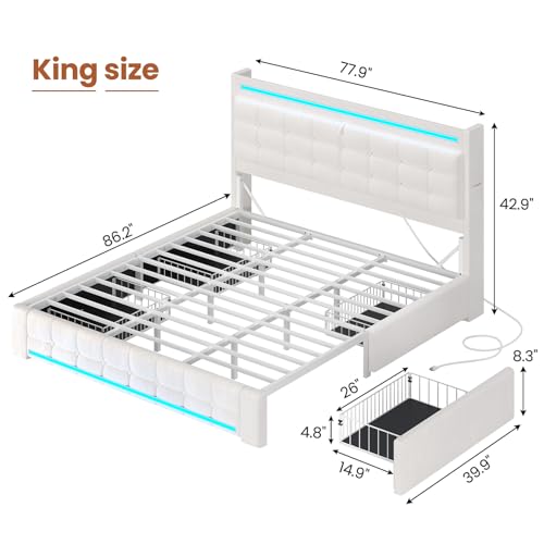 ADORNEVE King Bed Frame with Storage Headboard & 4 Drawers, LED Bed Frame King with Charging Station, Velvet Upholstered Platform Bed Frame with Button Tufted, No Box Spring Needed, Creamy White - Thumbnail 2