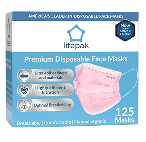 Litepak 125-Pack Disposable Face Mask Premium Comfort Earloops with Dispenser Box (Pink)