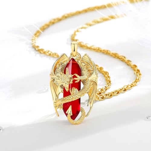 INFUSEU Dragon Necklace Red Crystal Jewelry for Women Men Cubic Zirconia Large Stone Pendant Birthstone January July Birthday Personalized Gifts Gothic Goth Stuff Punk Spiritual Present3