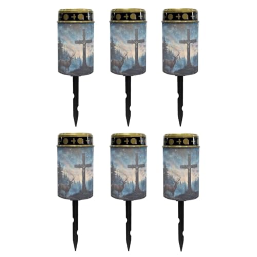 Image of Poceacles 6 Pieces Cross Solar Powered Outdoor Lights Cemetery Solar Candle Solar Memorial Lights Outdoor Waterproof Landscape Lights for Yard Patio Lawn Outdoor Home Decor, Deer Cross Galaxy Blue