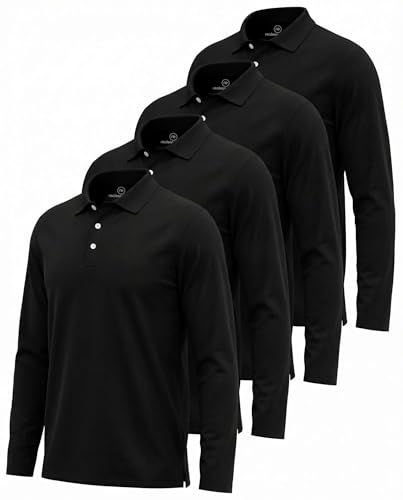Real Essentials 4 Pack: Men's Long Sleeve Polo Shirts for Men - Cotton Pique Collared Athletic Golf Shirt Work & Casual, 4-Pack All Black, XX-Large