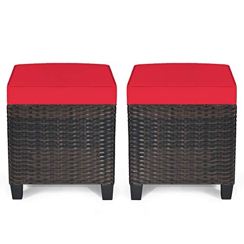 LDAILY Moccha 2 Pieces Patio Outdoor Ottoman, All Weather Rattan Patio Ottoman Set w/Removable Cushions, Footrest Seat Outdoor Footstool(Red)