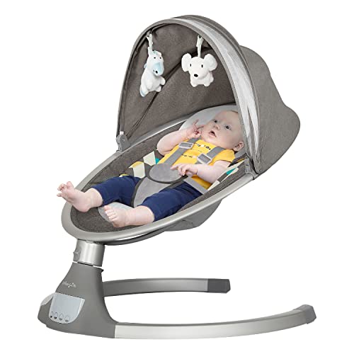 Image of Dream On Me Zazu Baby Swing, Baby Swing for Infant, 5 - Swinging Speed, Two Attached Toys, Bluetooth Enabled and Remote Control, Grey and Blue