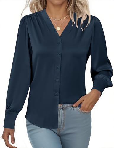 Rapbin Camisa de satén para mujer, cuello en V, manga larga, para mujer, de seda, con botones, informal, para oficina, negocios, azul marino, M