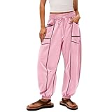 Striped Sweatpants for Women Baggy Lounge Pants Workout Gym Active Drawstring High Waisted Comfy Joggers Trousers Pink