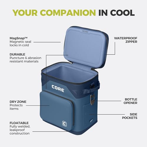 Image of CORE Magnetic Leak Proof Soft Cooler with Waterproof Zipper | Insulated Bag Portable Ice Chest Box | Best Soft Cooler for Food & Beverages for Tailgating, Car Camping, Travel, and Family Beach Picnics