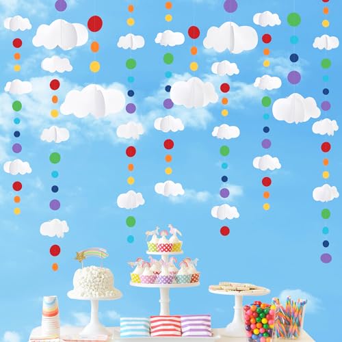 Image of 3D Cloud Decorations Rainbow Circle Dots Clouds Hanging Colorful Garland Streamer Cutout for Birthday Wedding Carnival Party Supplies Home Ceiling Wall Art Decor