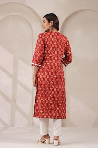 Image of Ichaa Women's Pure Cotton A-Line Ethnic V-Neck Kurta with 3 /4th Sleeve for Daily and Office Wear, in Plus Sizes