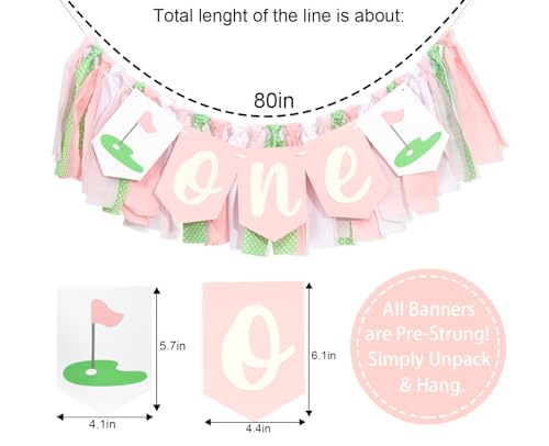 Image of Golf 1st Birthday Decorations For Girls - Hole In One High Chair Banner,Sports Themed First Birthday Photo Props,Golf Pink Green Ribbon One Banner,Baby Girl Smash Cake Backdrop