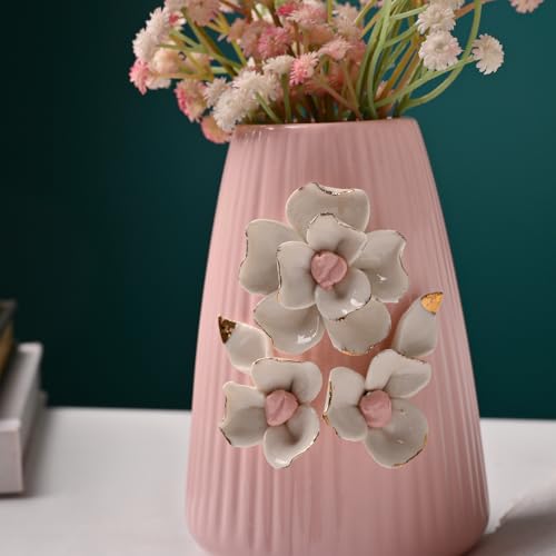 Image of MARKET 99 Ceramic Flower Vase (Pink) | Engraved Ribbed Floral Pattern | Decorative Floral Vase for Fresh & Artificial Flowers | Elegant Home, Living Room & Office Table Decor