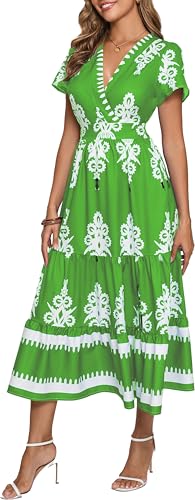 Image of Floral Print Dress for Women Boho Long Dresses Flowy A line Dresses Fit for Office and Casual Vacation Cocktail Party Prom