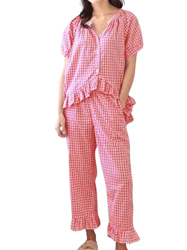 Womens Gingham Pajama Set 2-Piece Short Sleeve Babydoll Shirt and Pants