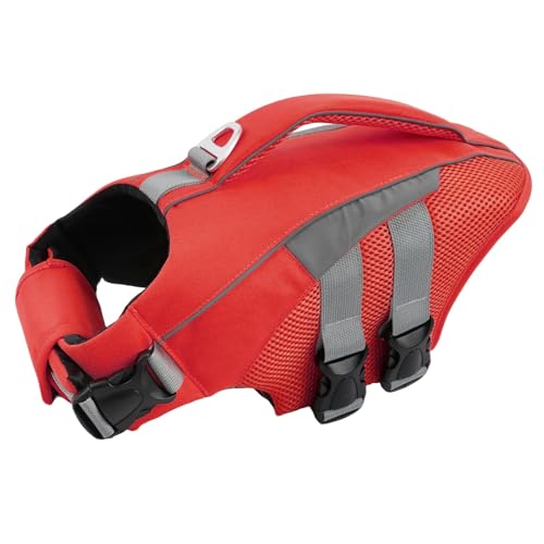 IECOii Dog Life Jacket for Swimming Boating High Visibility, Doggy Floating Vest with Sturdy Grab Handle D Ring, Reflective Adjustable Water Vests for Medium Breeds, Pool Beach Lake, Red, Si