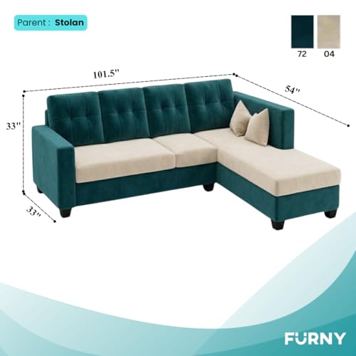 Image of FURNY Nathan 5 Seater L Shape Sofa Set RHS (Green Teal-Cream) | Suede Velvet Finish | Durable Comfort Sofa for Modern Living Room & Office Spaces