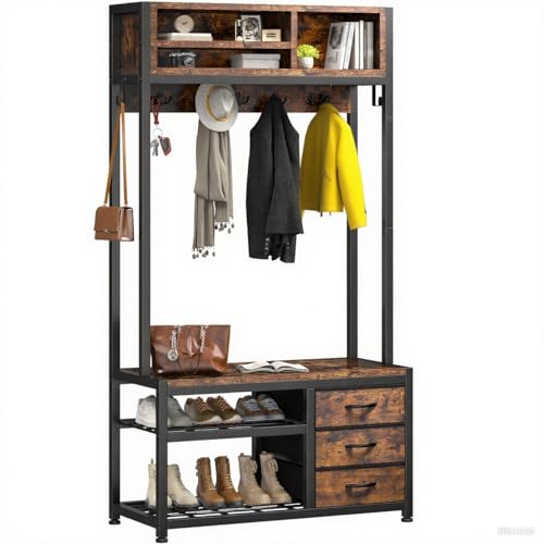 Raybee Hall Tree with Bench and Shoe Storage, Coat Rack Freestanding with 3 Fabric Drawers, Entryway Bench with Shoe Storage, Hall Tree with 12 Hooks for Hallway, Rustic Brown