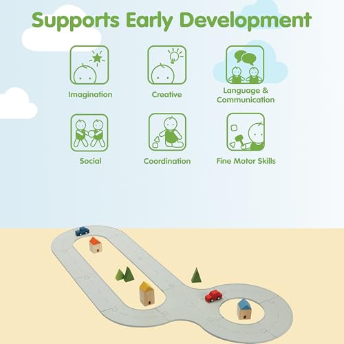 Image of PlanToys Road & Rail Set Montessori Imaginative and Creative Play Set | Early Language, Problem Solving and Coordination Activity | Eco Friendly Road and Rail Building Set