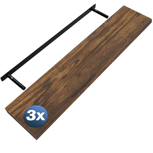 Casaria® 3X Étagères murales flottantes MDF chêne foncé 110cm Robuste Effet Flottant Support de Fixation Inclus étagère Bois Rangement Livre