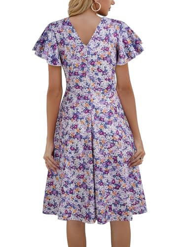 Image of MSLG Women's Fit and Flare Ruffle Short Sleeves Dresses Work V-Back Cocktail Semi Formal A Line Dress with Pockets 842
