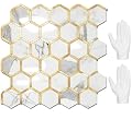 STICKGOO Hexagon Peel and Stick Backsplash Tile, Stick on Backsplash for Kitchen and Bathroom, Glossy Carrara White PVC Mixed Metal Gold Self Adhesive Wall Tiles(10 Sheets, Seamless)