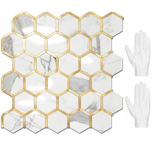 STICKGOO Hexagon Peel and Stick Backsplash Tile, Stick on Backsplash for Kitchen and Bathroom, Glossy Carrara White PVC Mixed Metal Gold Self Adhesive Wall Tiles(10 Sheets, Seamless) 10 Carr