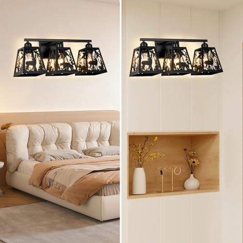 Image of Rustic Bathroom Light Fixtures with Deer Bear,3-Light Metal Shade | Farmhouse rustic style, Deer Bear Design,Openwork Engraved,Wall Light for Bathroom, Hallway, Kitchen, Porch,Study