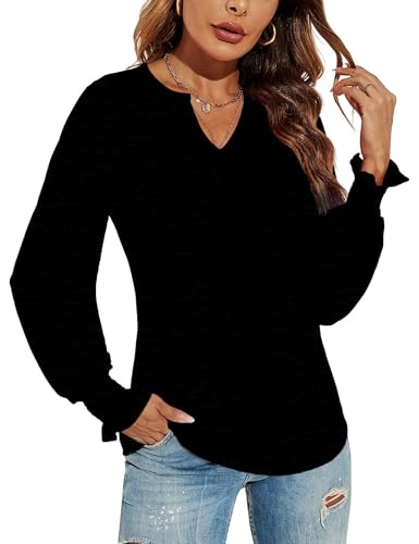 DUOEASE Oberteile Damen Sexy Puffärmel Tshirt V-Ausschnitt Langarmshirt Damen Casual Tunika Schwarz-L
