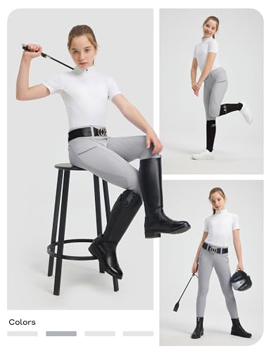 Image of FitsT4 Sports Girls Horse Riding Pants Full Seat Silicone Girls Equestrian Pants Stretchy Kids Breeches Riding Tights Pockets