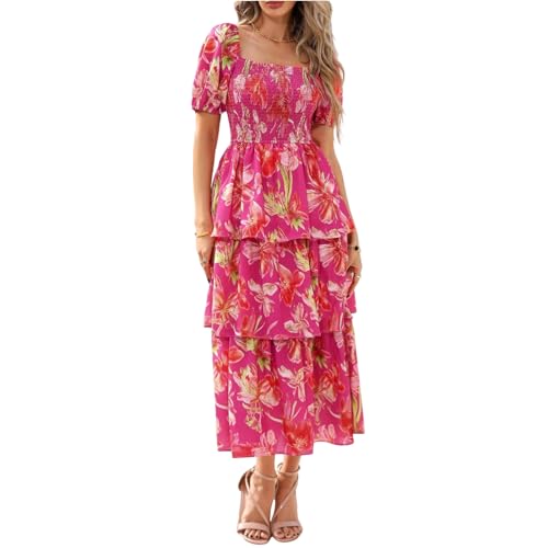 Vestidos Largos Mujer Verano Casual Playeros Bohemio Vestidos Elegante De Flores Algodon Cuello Redondo Ropa Manga Corta Elegantes Sueltos Summer Dresses for Women Ofertas De Amazon Rosa S