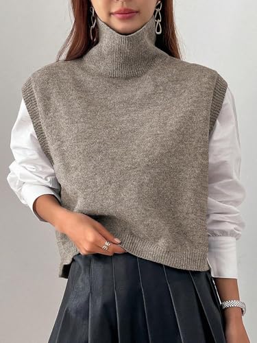 Women Turtleneck Crop Sweater Vest Sleeveless High Neck Solid Loose Fit Knitted Causal Jumper Top Streetwear2
