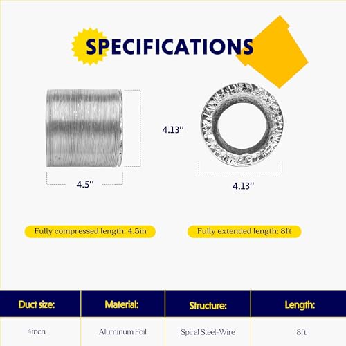 iPower 4 inch 8 feet Non-Insulated Flex Air Aluminum Foil Ducting Dryer Vent Hose for HVAC Ventilation with 2 Clamps, 4'' X 8' New, Silver