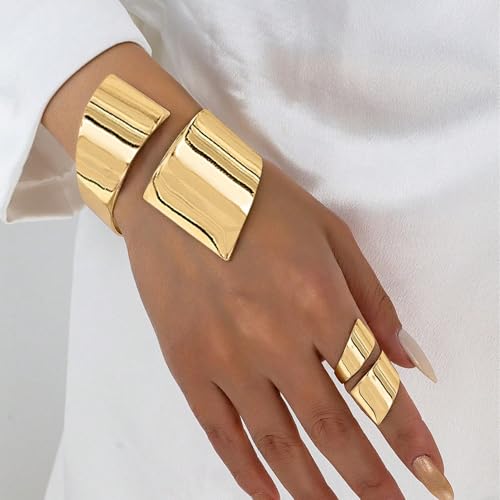 Gold Chunky Cuff Bracelet Ring Set for Women Chunky Bangles Bracelets Non Tarnish Gold/Silver Bracelet for Women Trendy Jewelry Gift2
